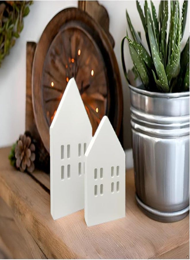 QIAOIDEA Rustic White Wooden House Shaped Sign Farmhouse Table Christmas Decor Wooden House Block Table Top Christmas Decorations Tiered Tray Fireplace Ornament, Set of 2 - Image 4